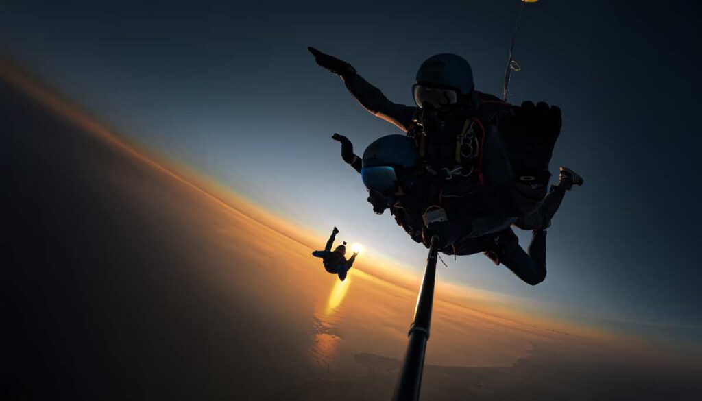 Saut HALO à 7 700 m sous oxygène, tandem en chute libre au coucher du soleil au-dessus des Sables-d’Olonne.